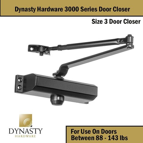Dynasty Hardware compact design on bronze closer achieves durable, low-profile appearance.