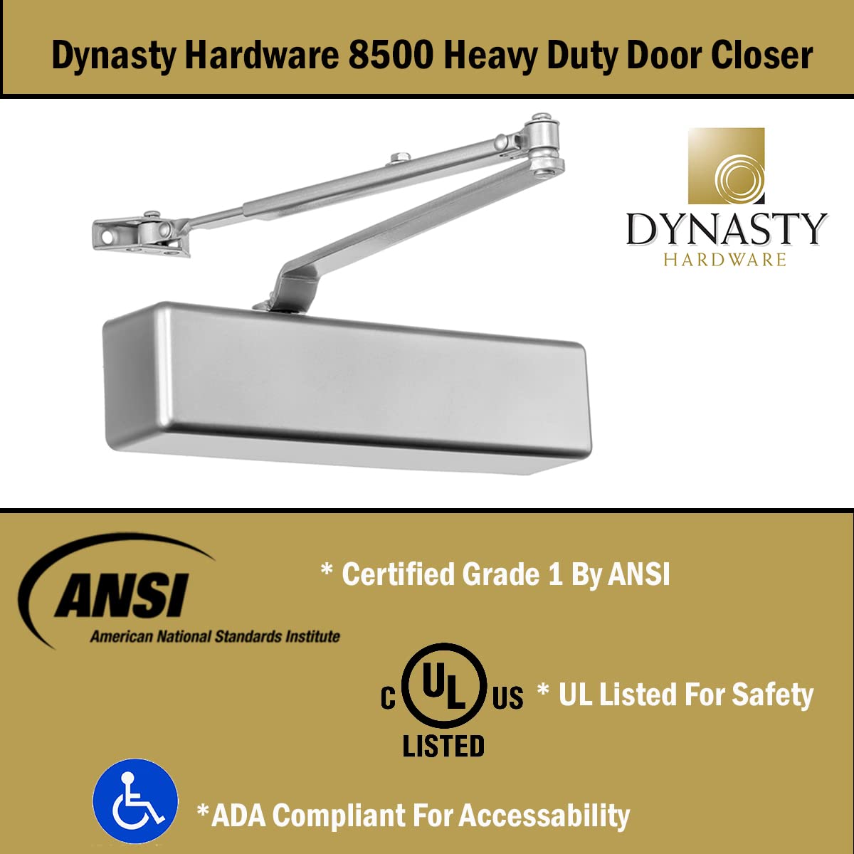 Dynasty Hardware 8500 series closer sprayed aluminum finish resists wear