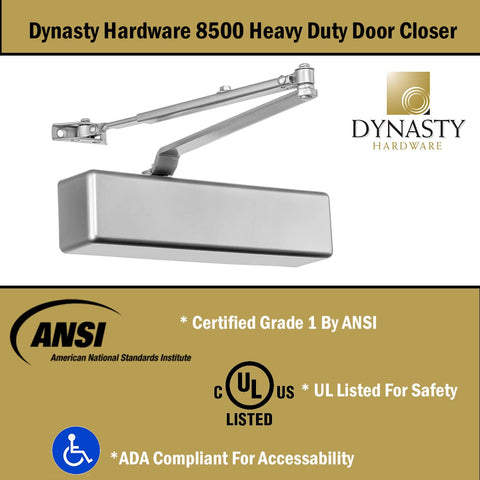 Dynasty Hardware 8500 series closer sprayed aluminum finish resists wear
