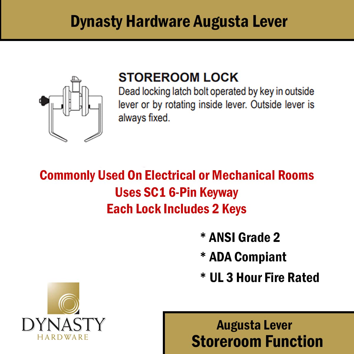 Dynasty Hardware ADA-compliant lever lockset for barrier-free access.