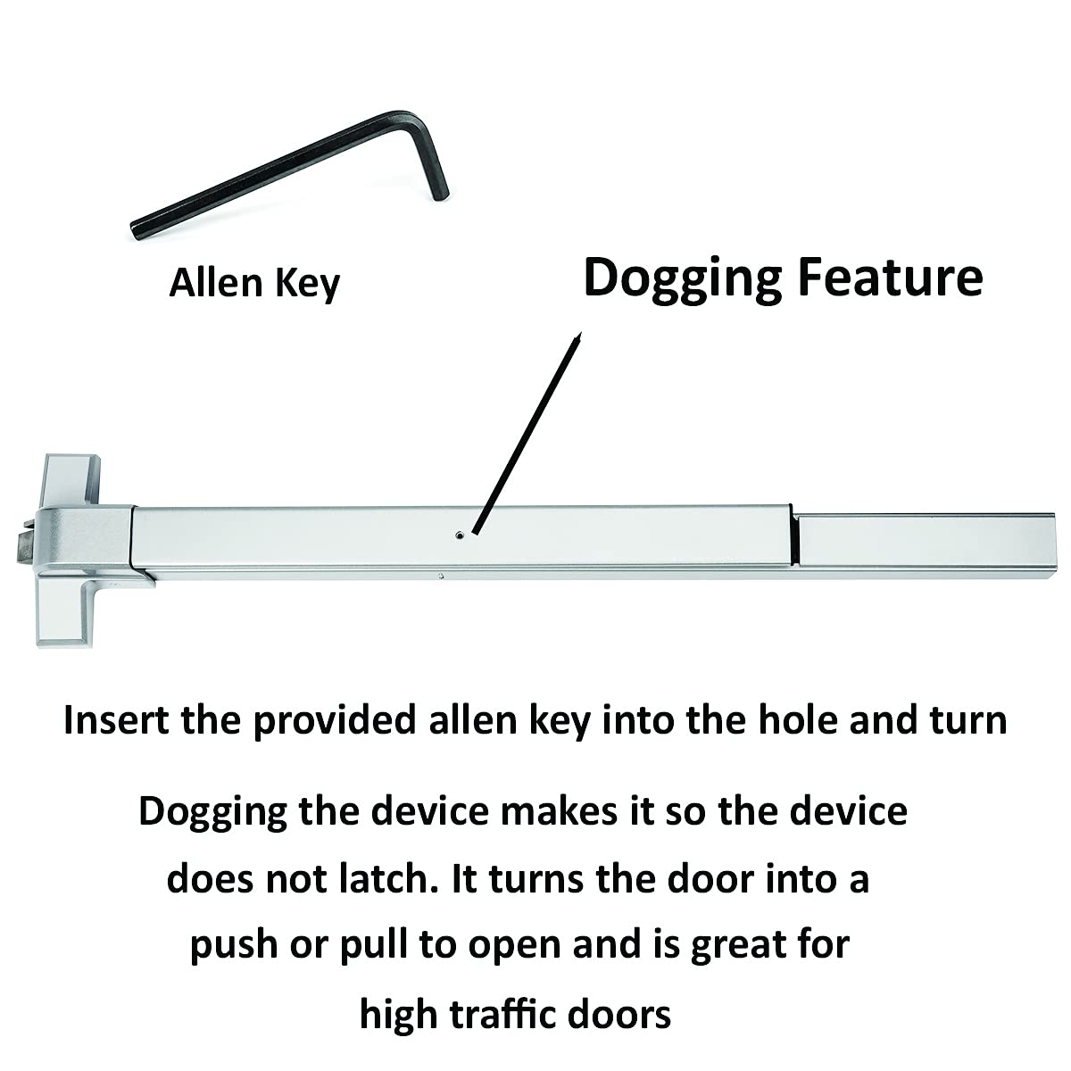 Aluminum finish panic bar in close-up showing smooth push action.
