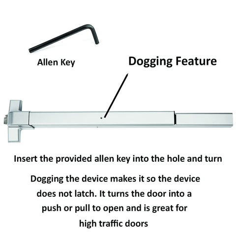 Aluminum finish panic bar in close-up showing smooth push action.