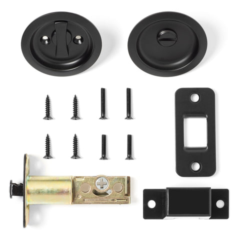 Dynasty Hardware flat black pocket door latch for quick installation and style.