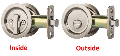 Dynasty Hardware pocket door latch round privacy finish satin nickel — durable hardware.