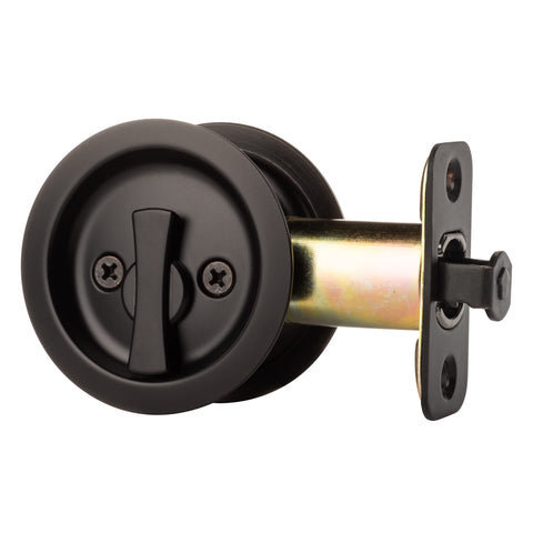 Dynasty Hardware pocket door latch round privacy in flat black for interior doors.