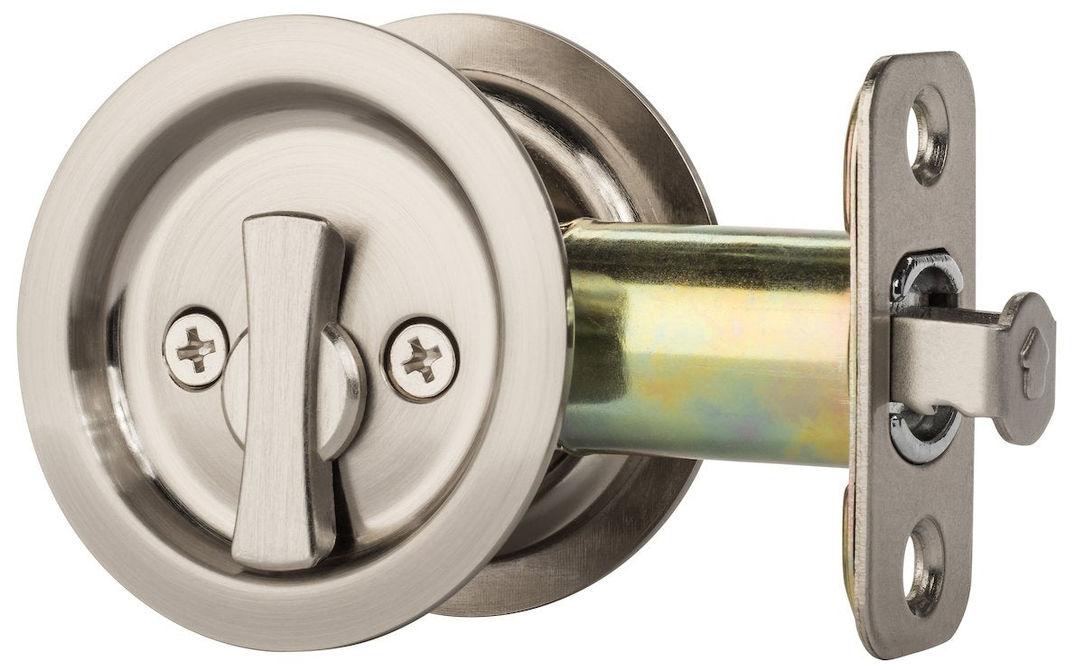 Dynasty Hardware pocket door latch round privacy — easy privacy control on interior doors.