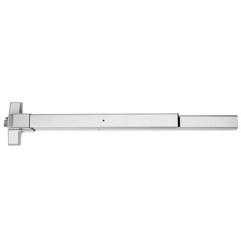 Push bar exit door assembly with aluminum finish for long-lasting use.