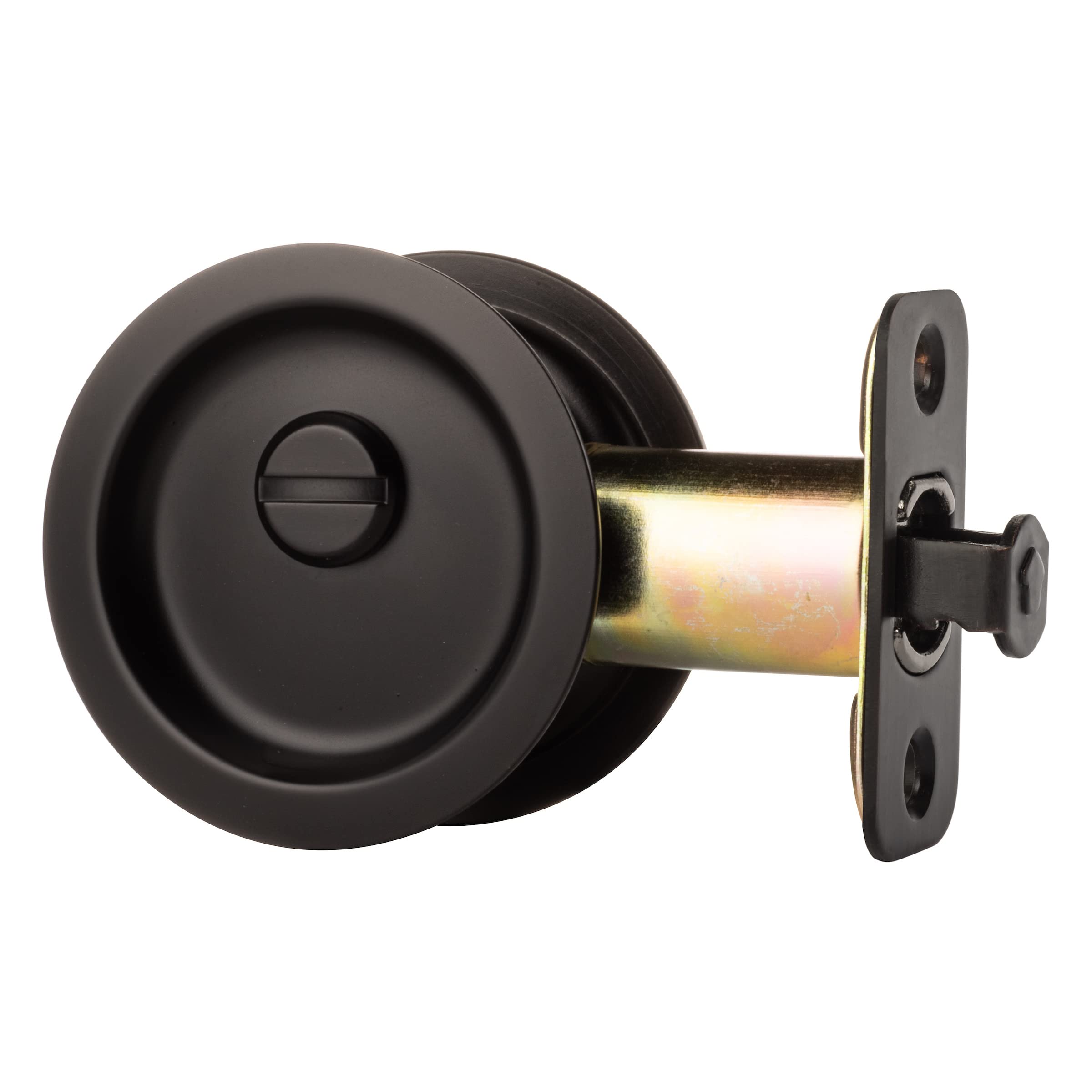 Dynasty Hardware round sliding handle provides smooth operation on pocket doors.
