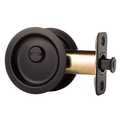 Dynasty Hardware round sliding handle provides smooth operation on pocket doors.