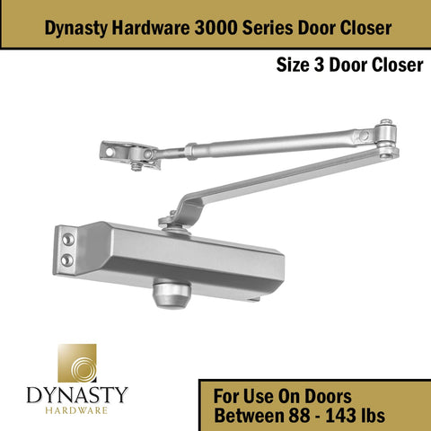 Dynasty Hardware sprayed aluminum finish highlighting a sleek, compact closer.