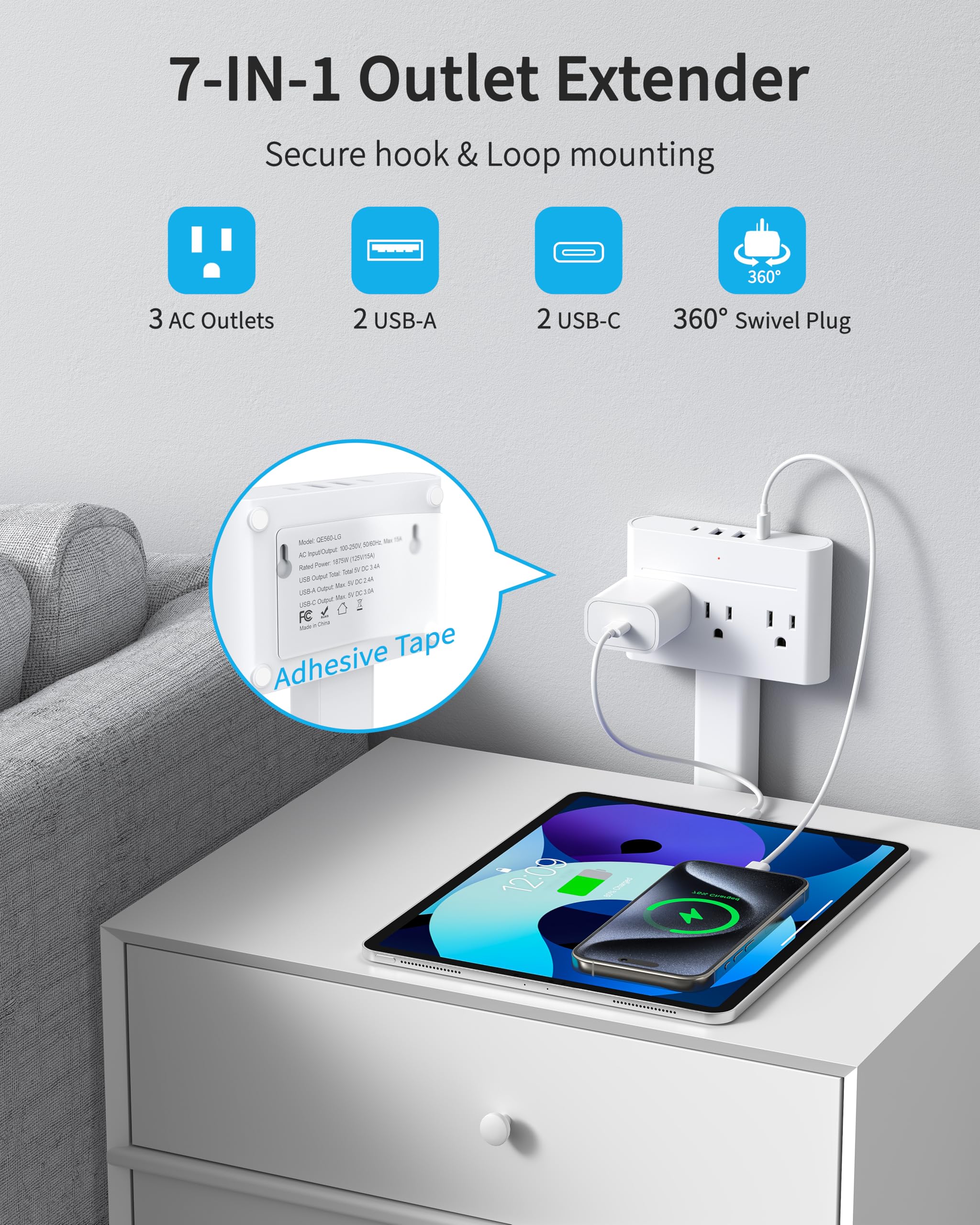 DYZYCLICAL all-in-one hub with 3 AC outlets and 2 USB-A and 2 USB-C ports.