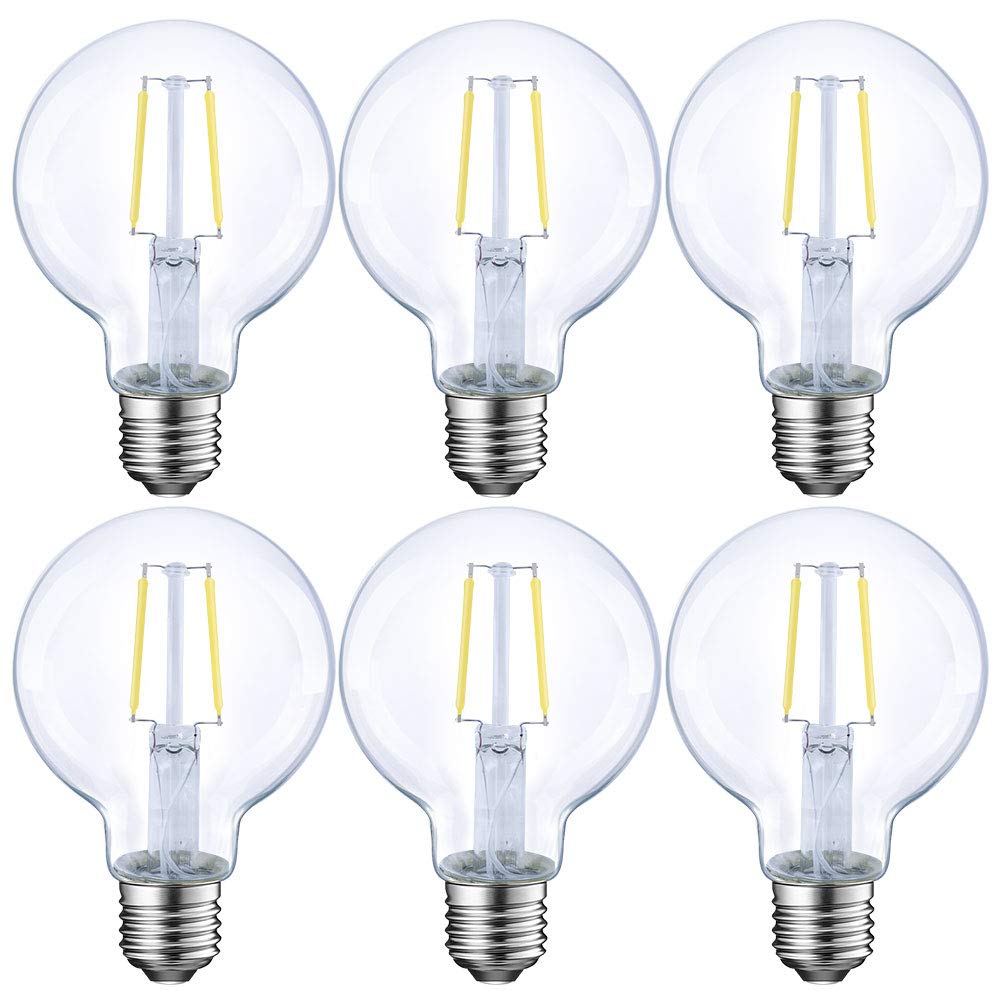 E Energetic Lighting dimmable LED Edison bulb with G25 globe, 2700K soft white glow.