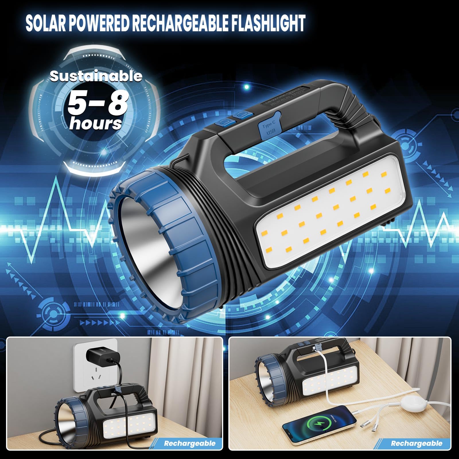 E-SHIDAI Solar Flashlight charges via USB-C and solar panel for versatile power