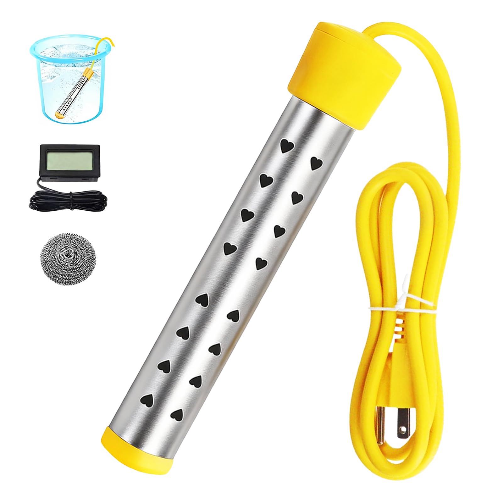 Eaakkoom immersion heater submerged in water heating a bucket quickly.