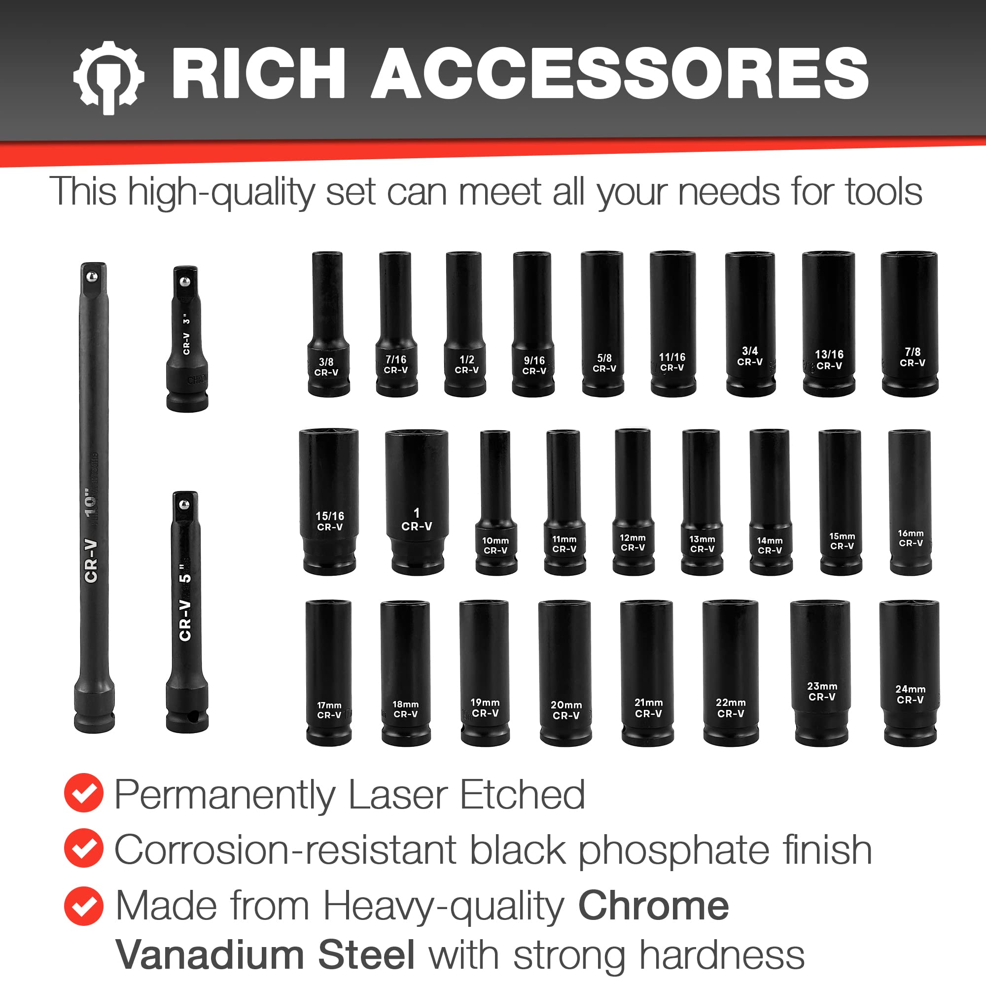 EACELIY metric sockets 10mm-24mm for metric assemblies