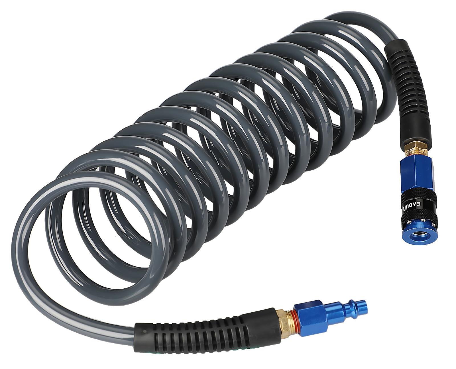 EADUTY heavy-duty polyurethane recoil hose coiled for easy storage and flexible reach.