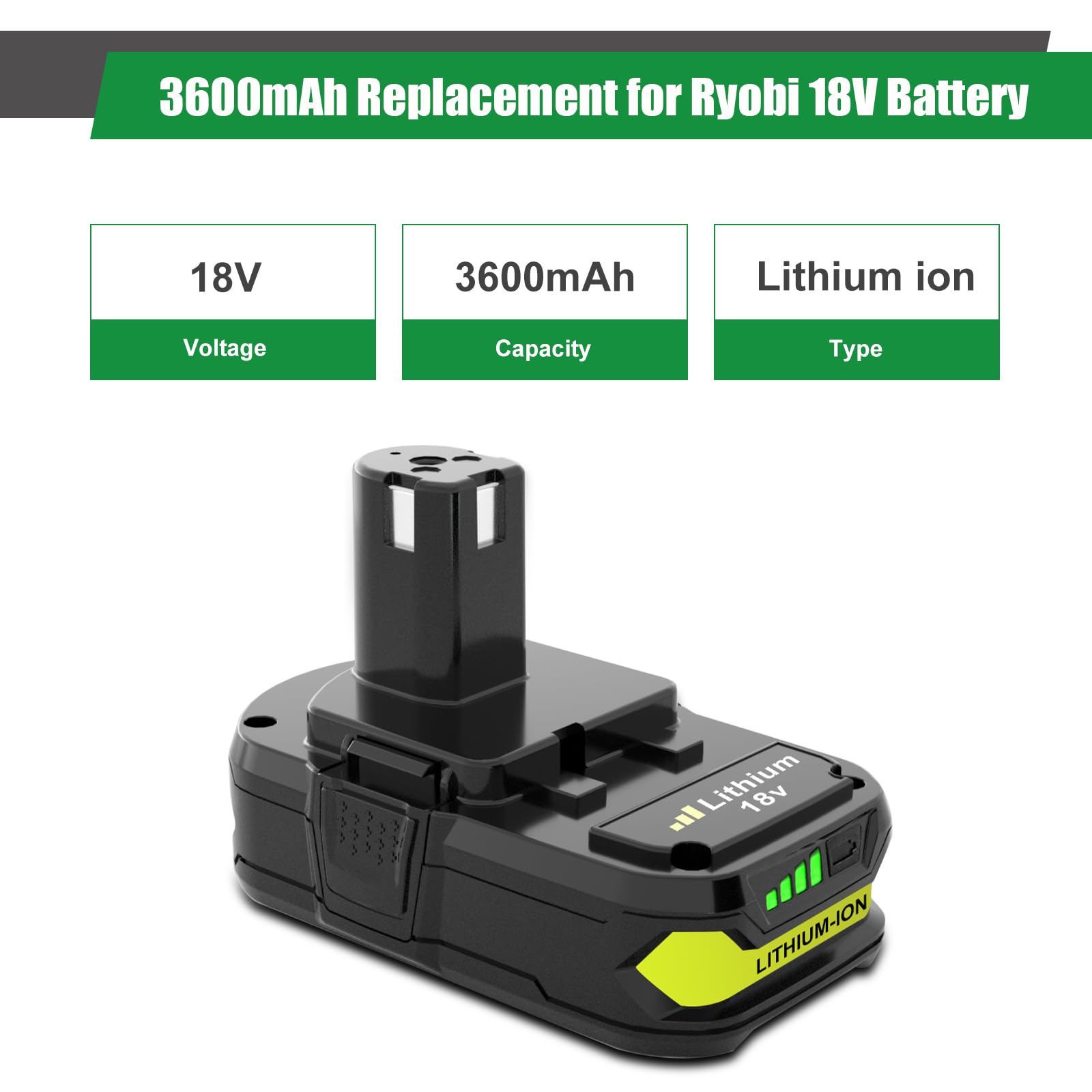Eagglew Ryobi 18V 3600mAh 2-pack back view shows compact, maintenance-free design.