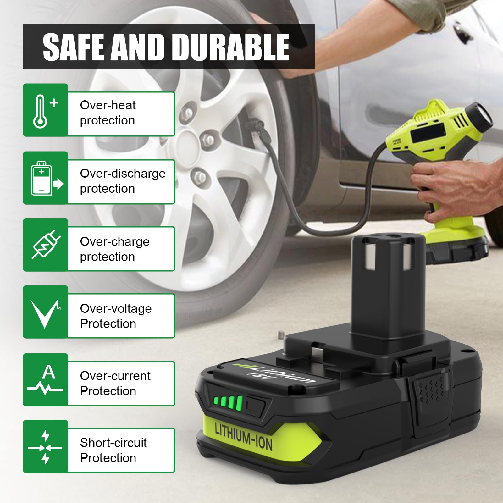 Eagglew LED indicator on Ryobi 18V battery shows charge level at a glance.