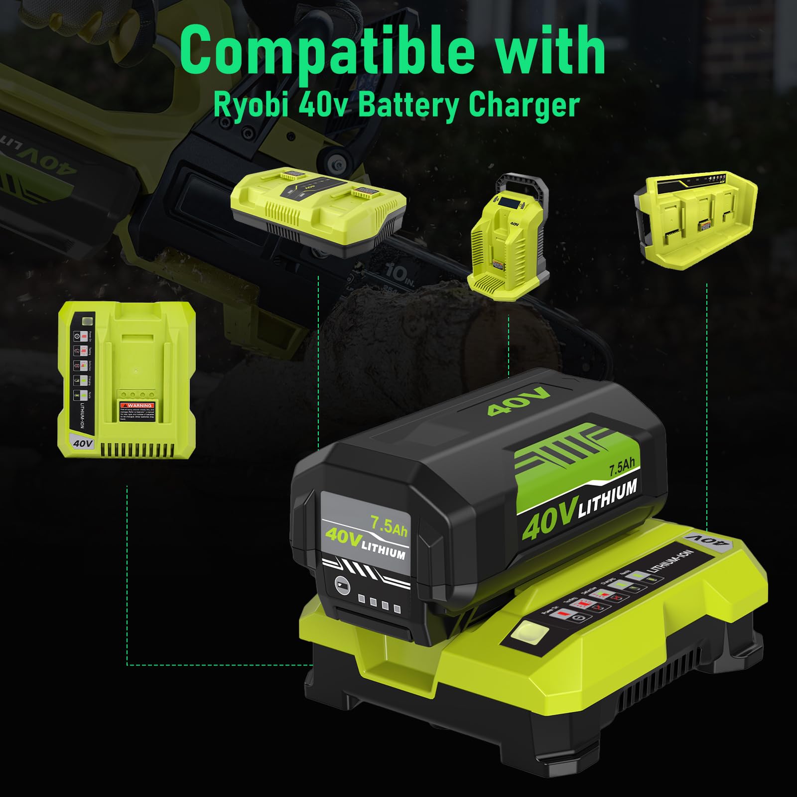 Eagglew Ryobi 40V battery compatibility chart confirms broad tool fit.