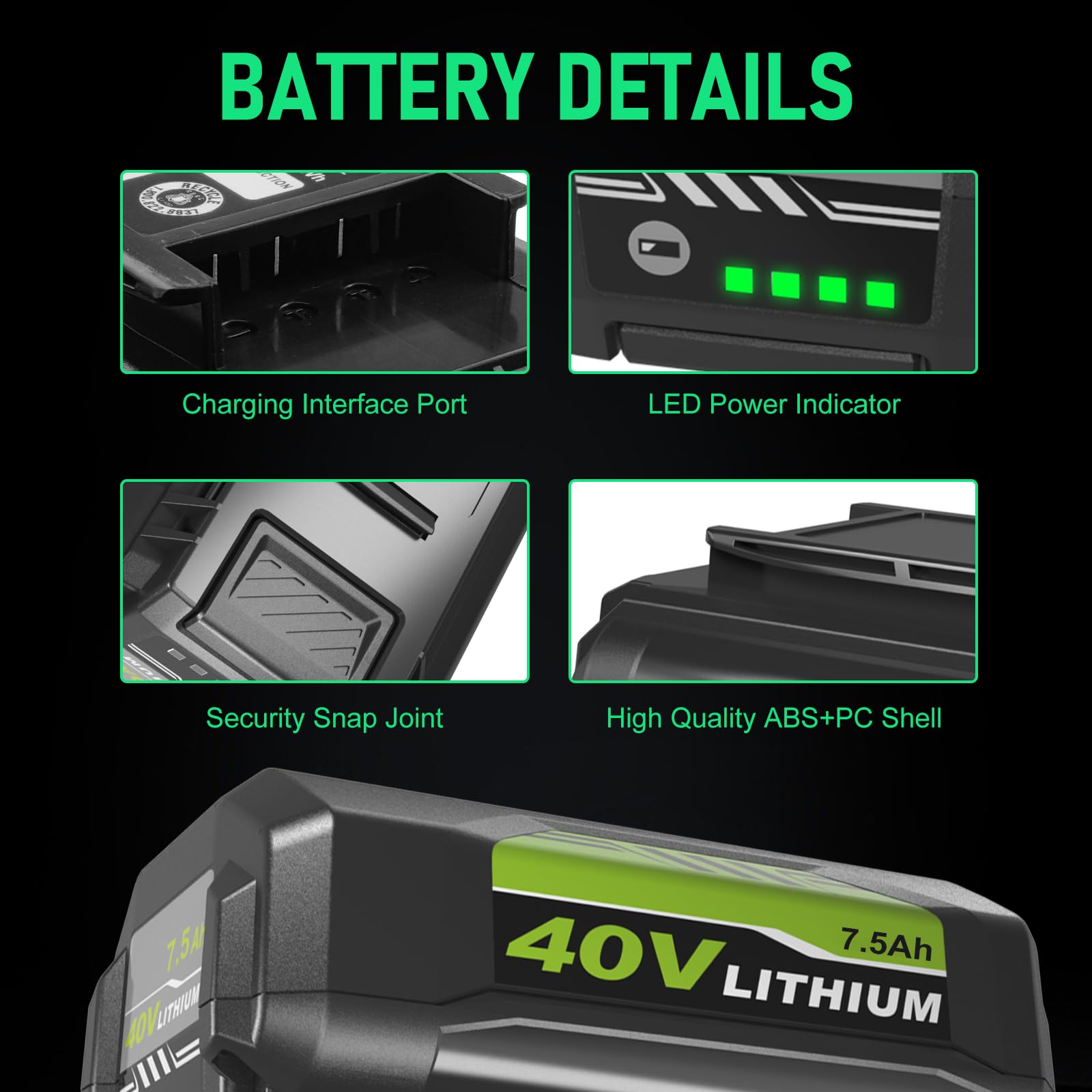 Eagglew Ryobi 40V battery on-tool demonstrates seamless swap.