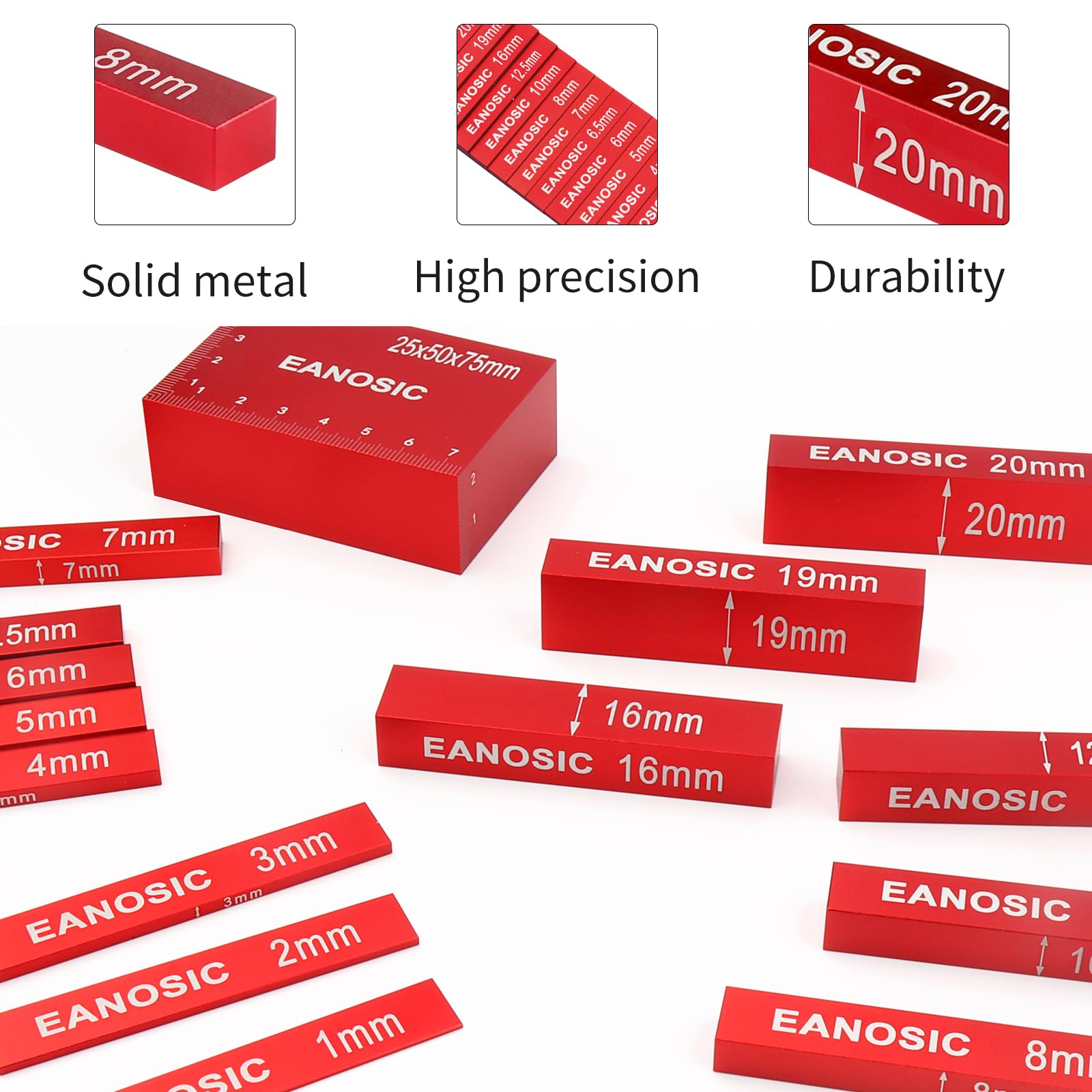 EANOSIC aluminum gauge bars stacked for quick measurement variations.