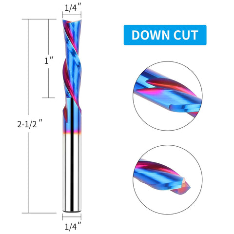 EANOSIC downcut spiral router bit close-up highlighting 1/4in cutting diameter.
