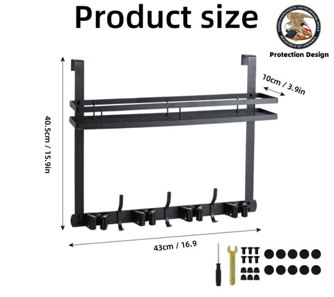 EARLESS BEAR broom rack with 4 slots and 3 hooks saves door space.