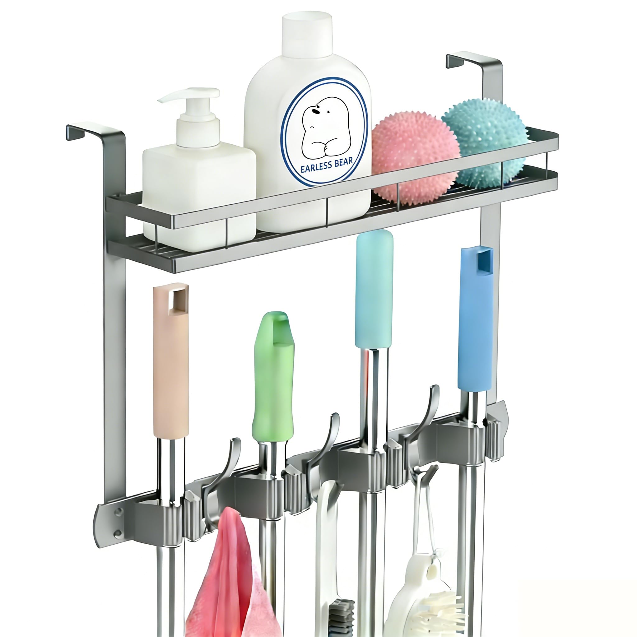 EARLESS BEAR grey broom holder over-door front view highlights space-saving storage.