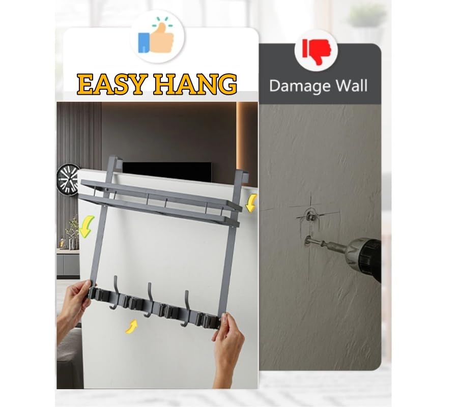 EARLESS BEAR grey durable door organizer keeps mops within easy reach.