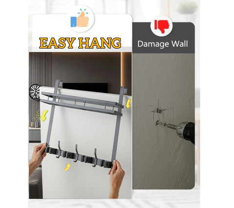 EARLESS BEAR grey durable door organizer keeps mops within easy reach.