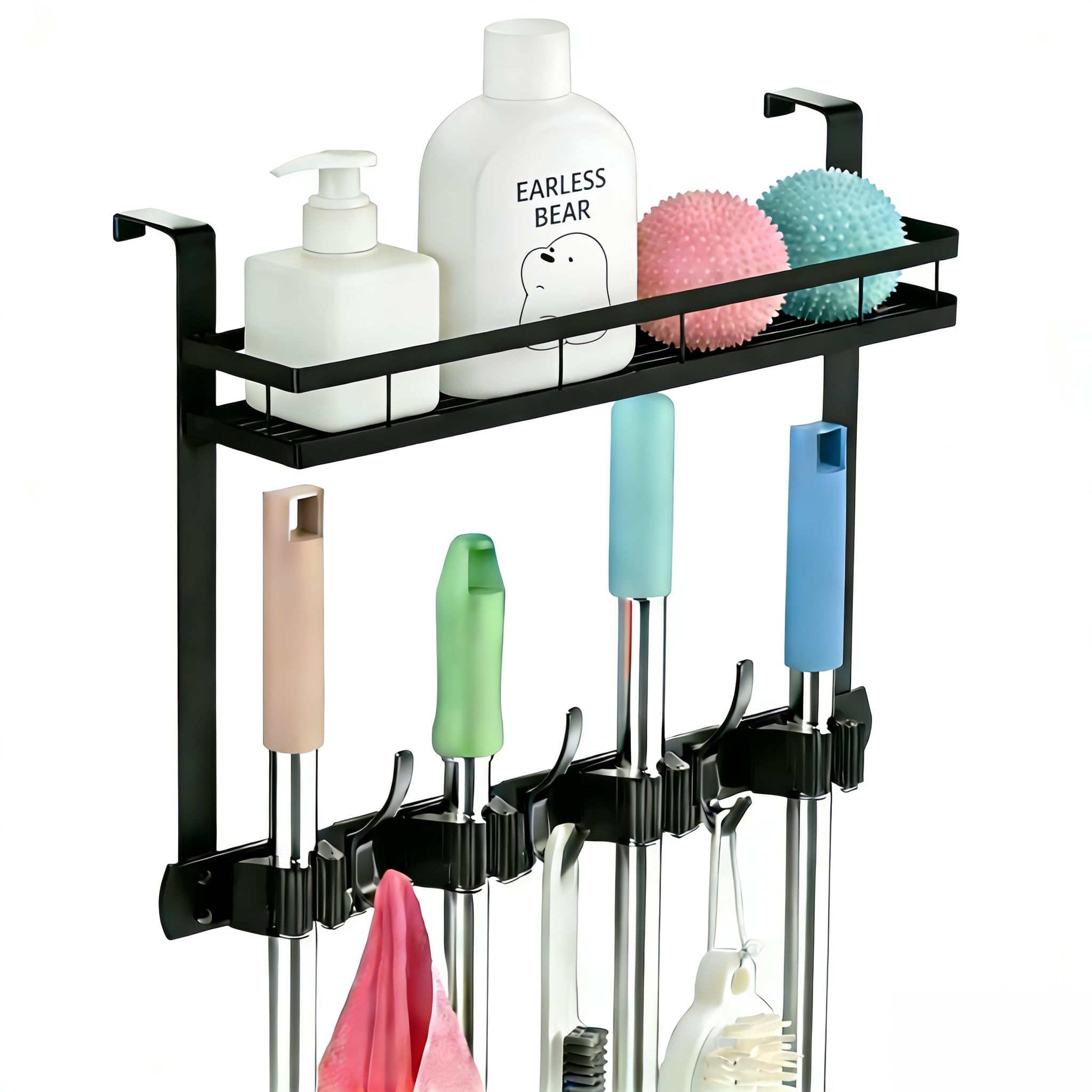 EARLESS BEAR over-the-door broom holder keeps cleaning tools off the floor and organized.
