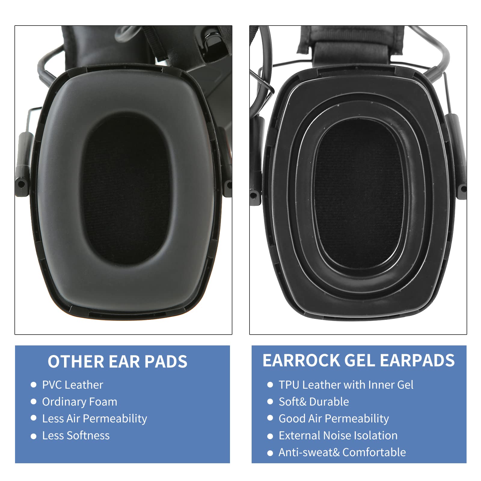 Earrock gel seals on ZOHAN EM054 earmuffs provide improved comfort.