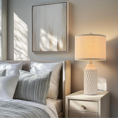 Easebri beige fabric shade offers a gentle, cozy glow in any space.