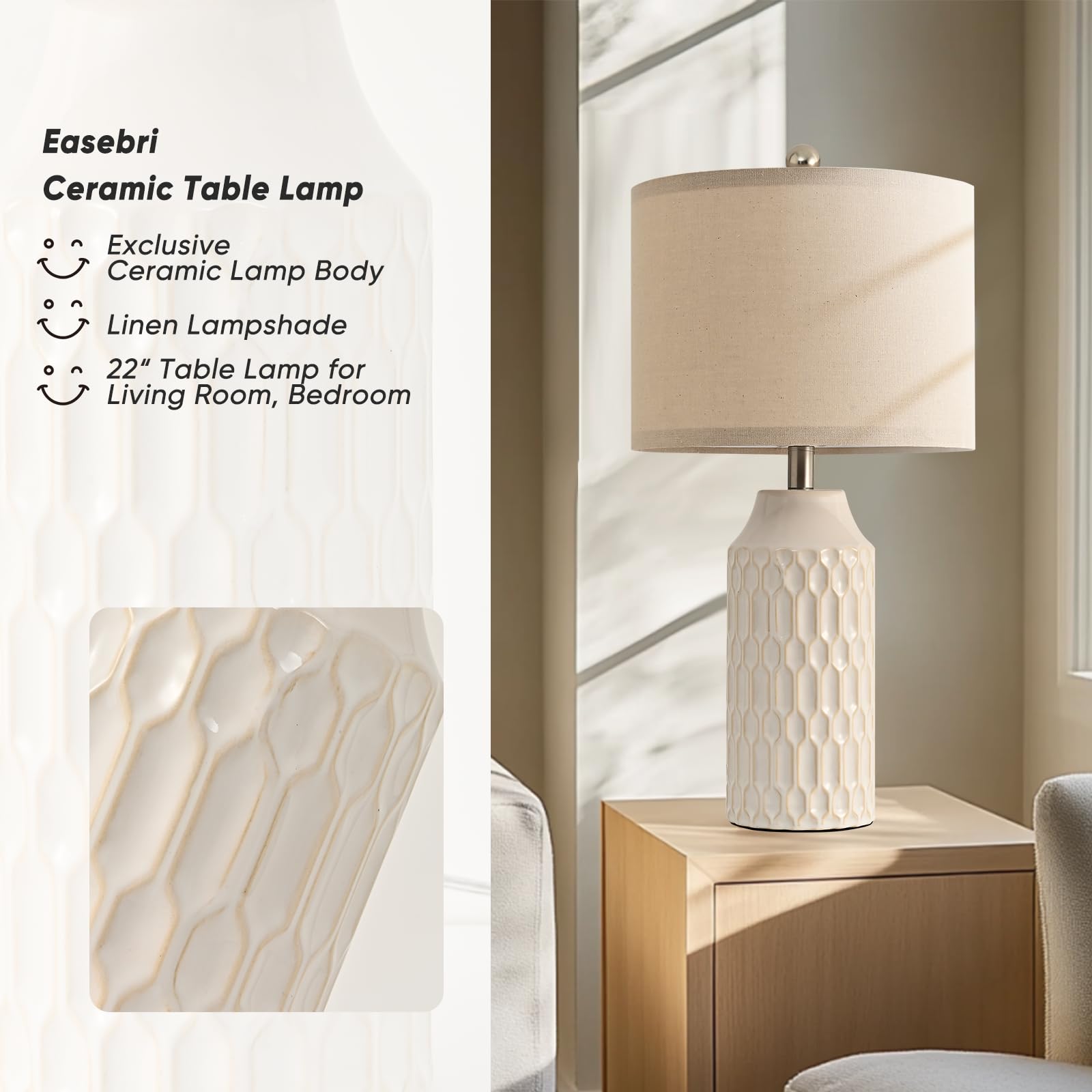 Easebri cream finish ceramic shade diffuses light softly for cozy evenings.