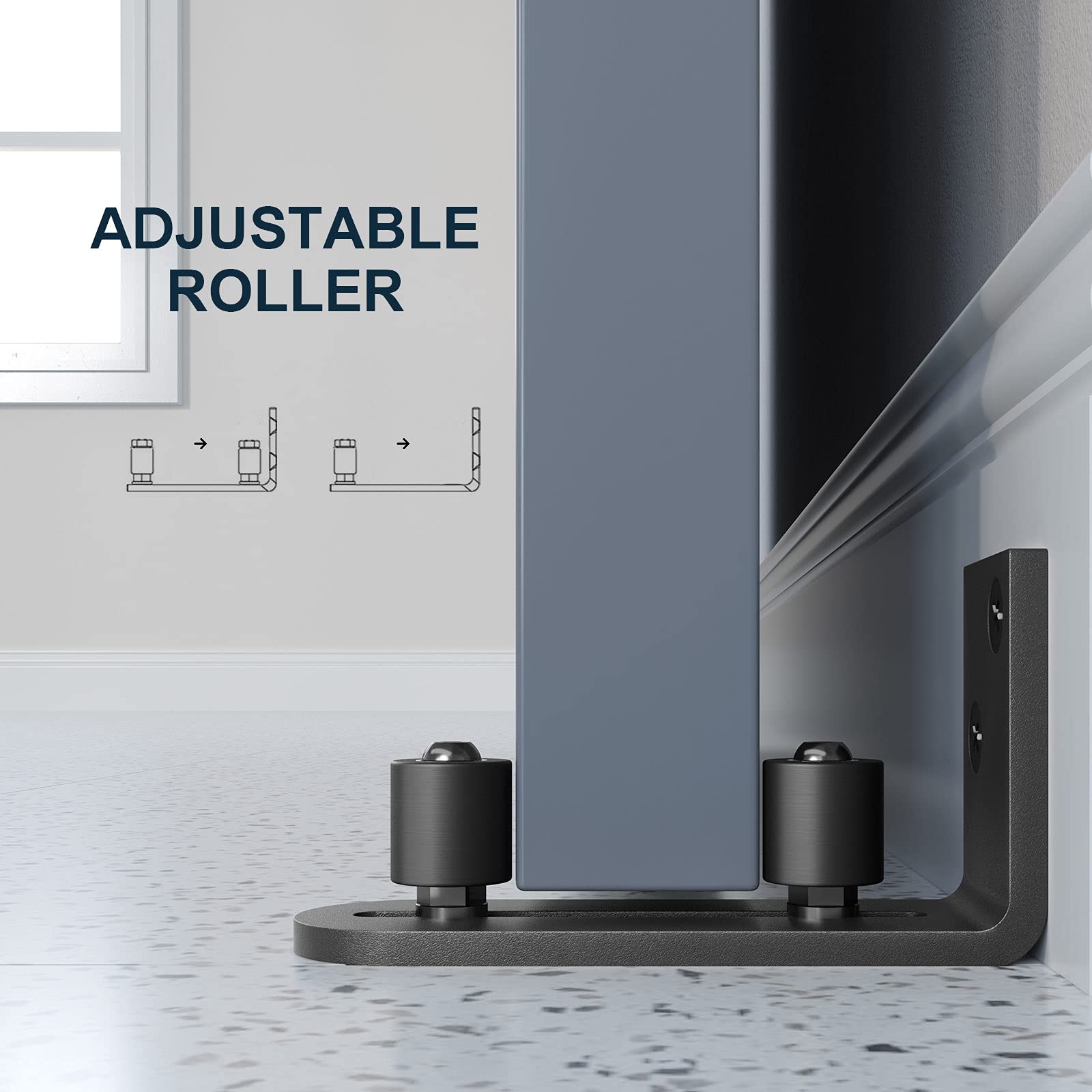 EaseLife floor guide featuring adjustable rollers for smooth, quiet door movement.