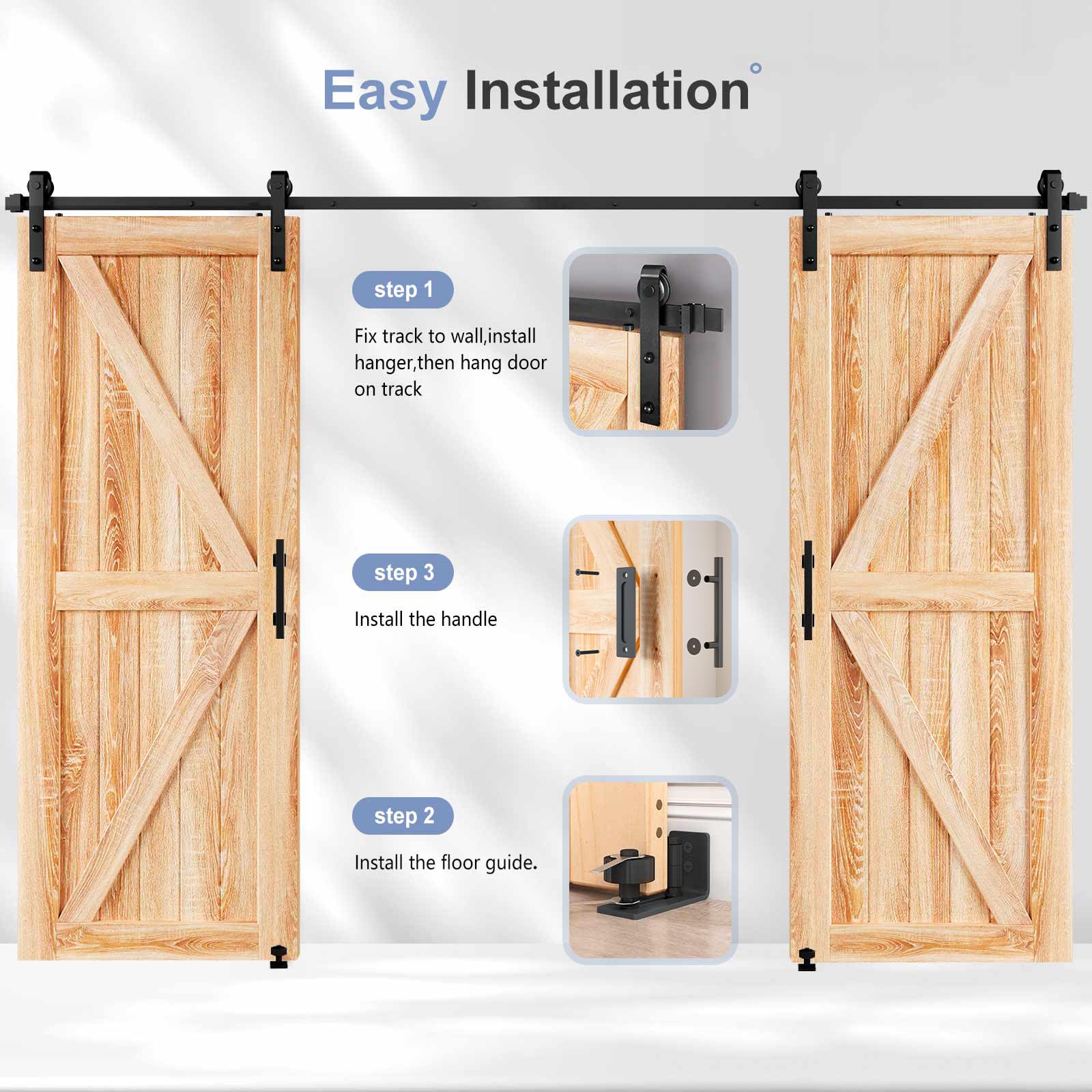 EaseLife hardware kit assembled on wall demonstrates robust installation for rustic or modern doors.