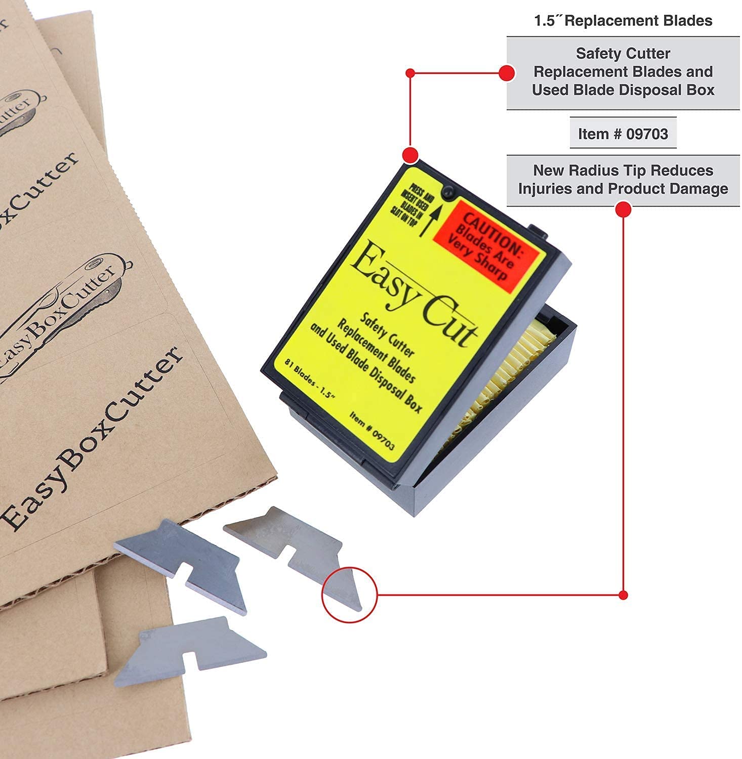 Easy Cut safety box cutter blades in the box emphasize safe handling