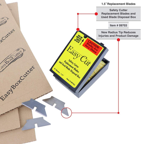 Easy Cut safety box cutter blades in the box emphasize safe handling