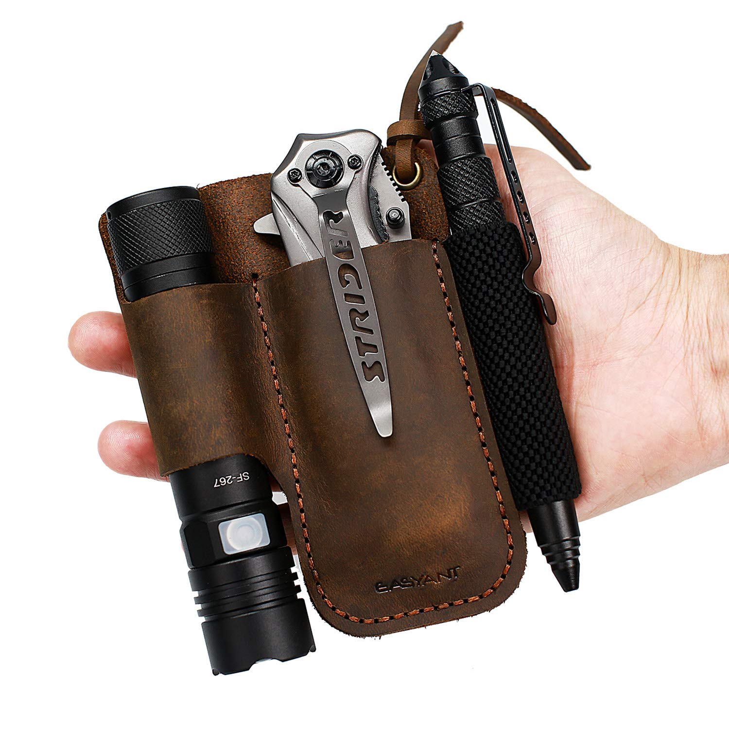 EASYANT leather EDC sheath belt clip closeup for quick access