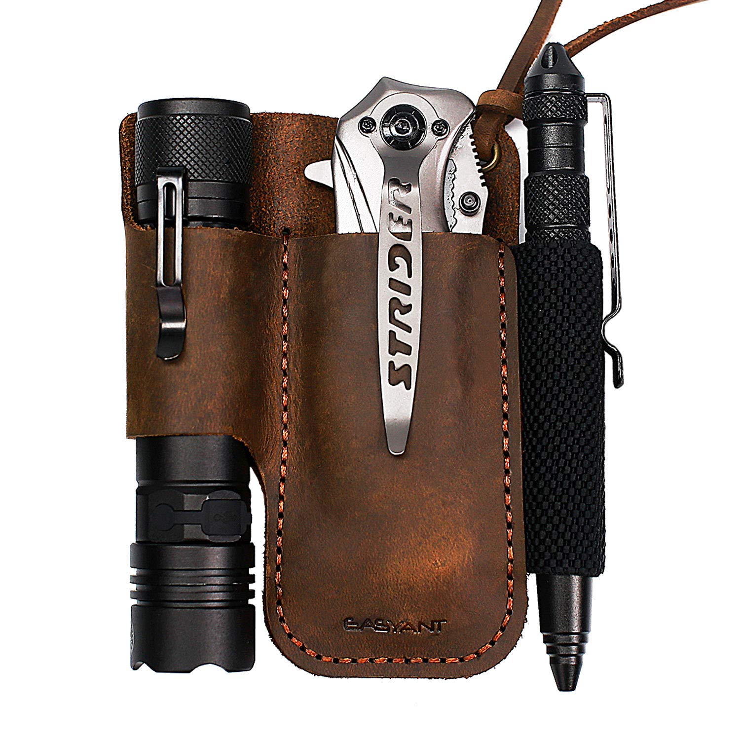 EASYANT men leather EDC organizer sheath front view showing compact daily carry