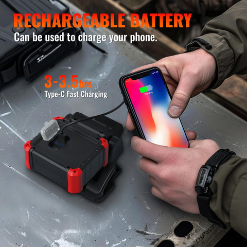 Easymaxx rechargeable LED light with USB port to charge devices.