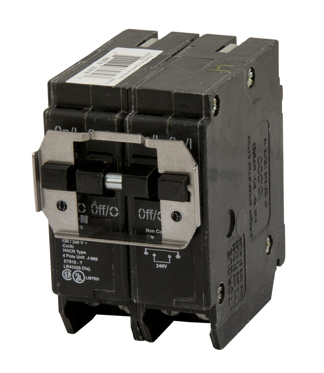 Eaton BQC250250 breaker front view; reliable protection for 120/240V panels with CTL Quad design.