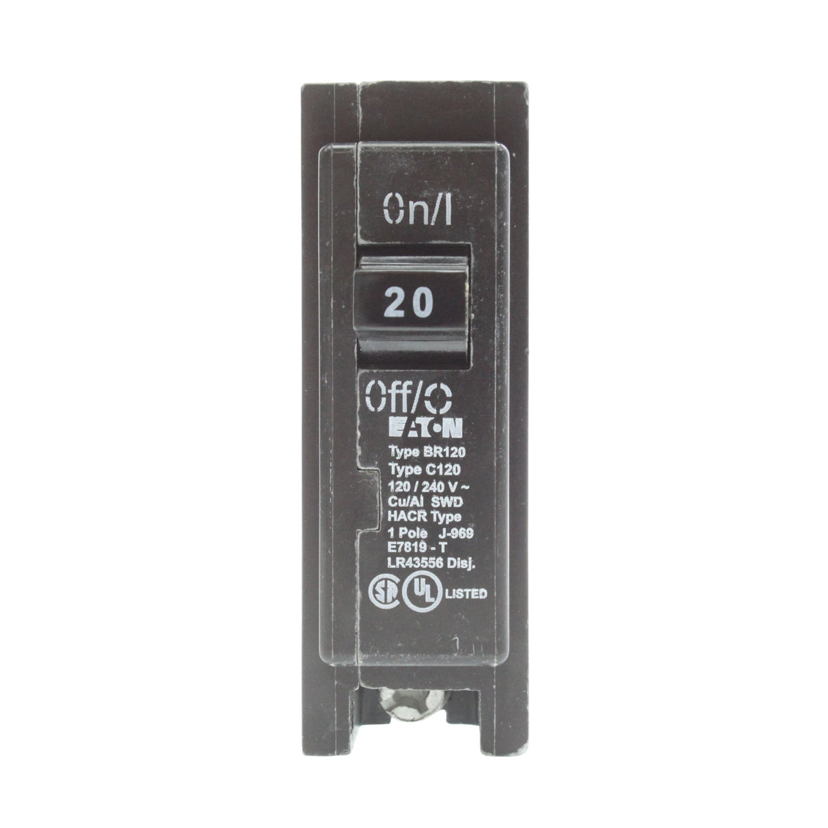 Eaton BR120 20A 1-in front view shows compact circuit protection.