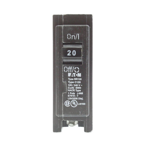 Eaton BR120 20A 1-in front view shows compact circuit protection.
