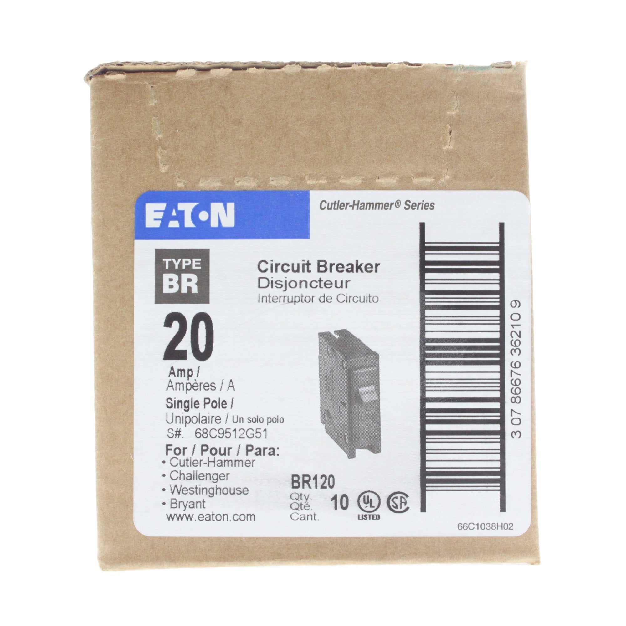 Eaton BR120 20A 1-in label view confirms UL listing and compatibility.