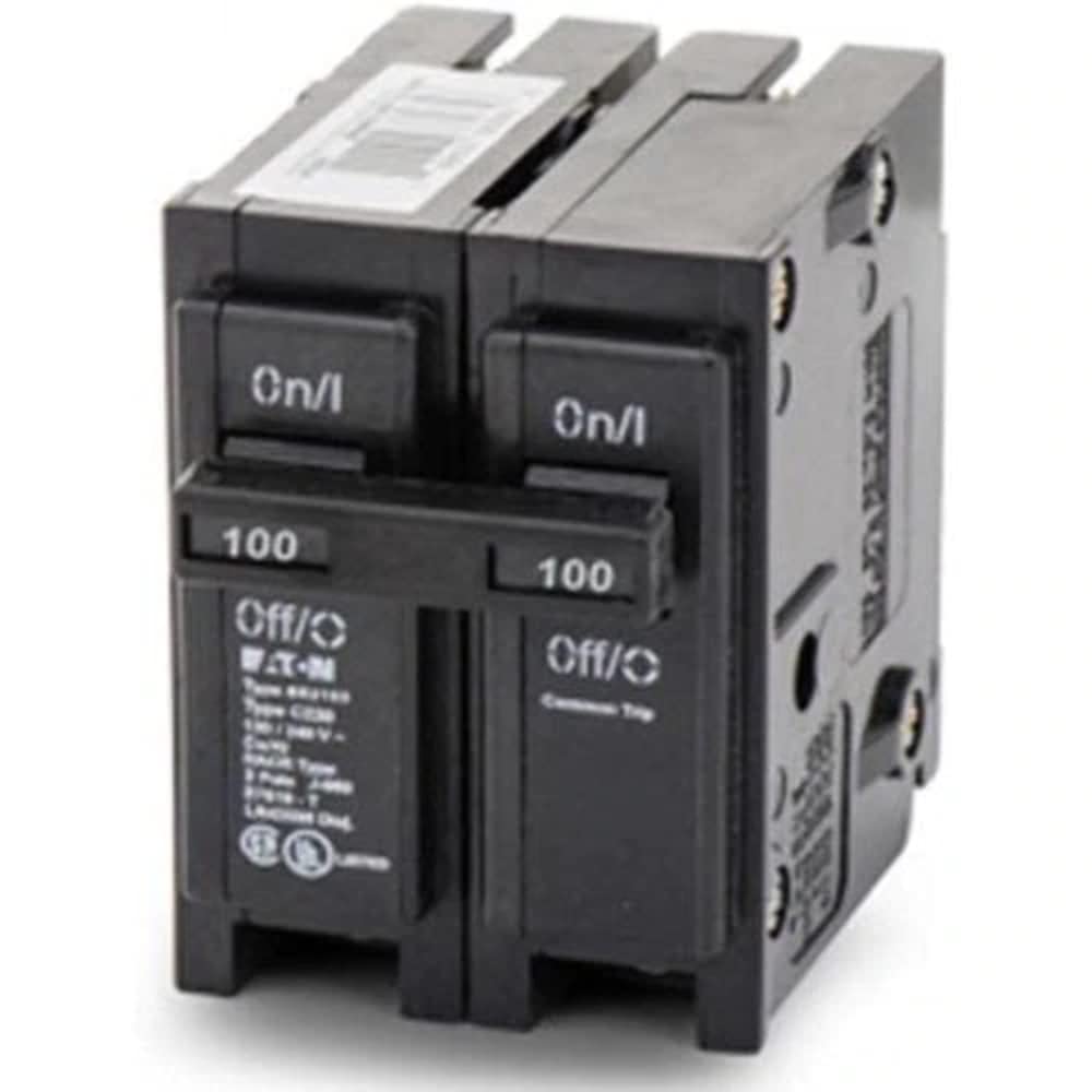 Eaton BR2100 double-pole interchangeable circuit breaker front view for reliable 120/240V protection.