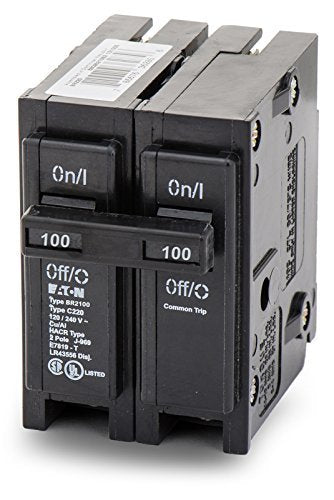 Eaton Br2100 double-pole breaker front view for reliable 120/240V protection.