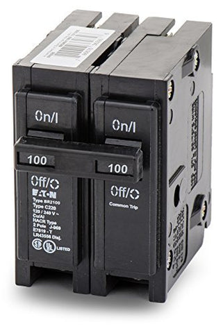 Eaton Br2100 double-pole breaker front view for reliable 120/240V protection.