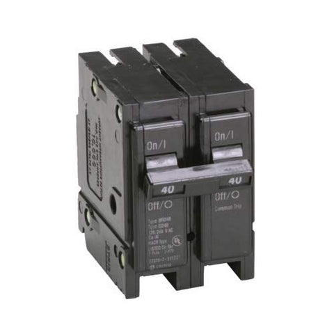 Eaton BR240 two-pole circuit breaker with thermal-magnetic trip for 120/240 VAC.