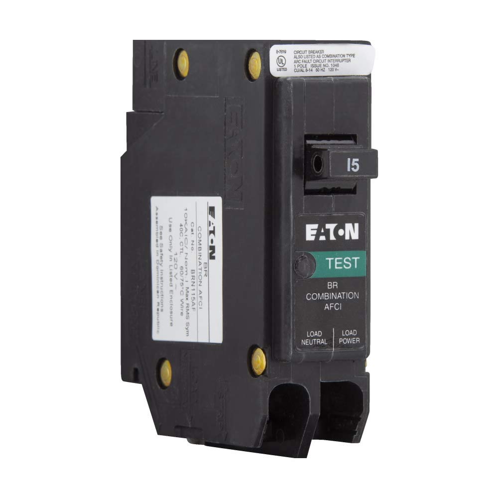 Eaton BRN115AF Br Combo AFCI front view demonstrates a compact 1-pole design for panel protection.